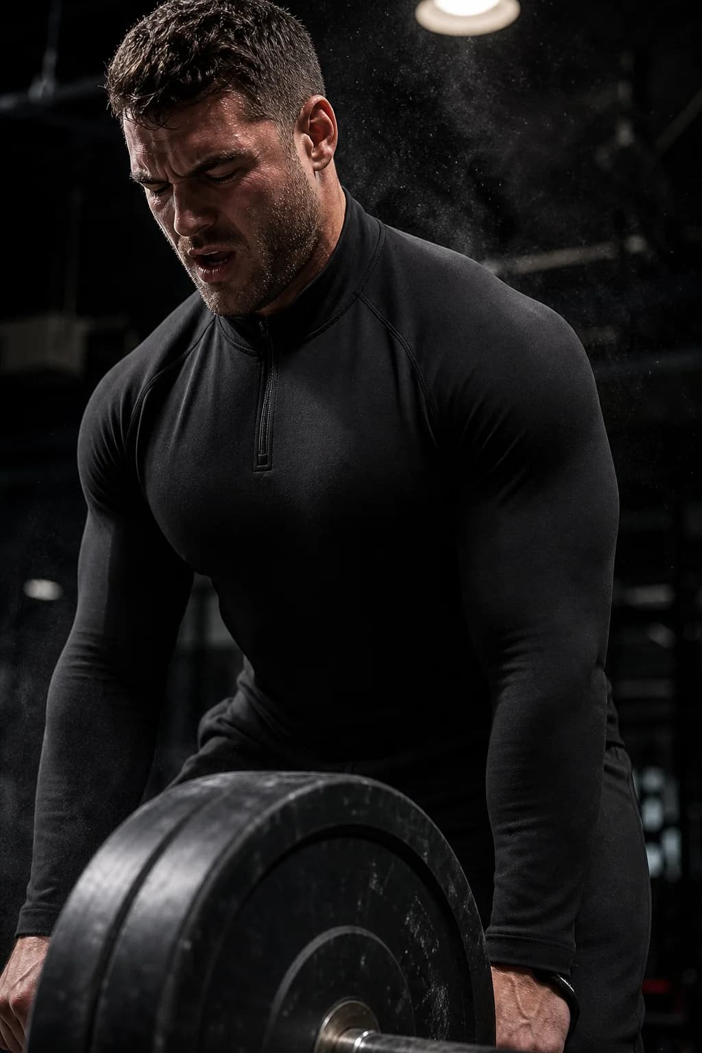 Athlete training in a dark gym wearing the thermal compression top