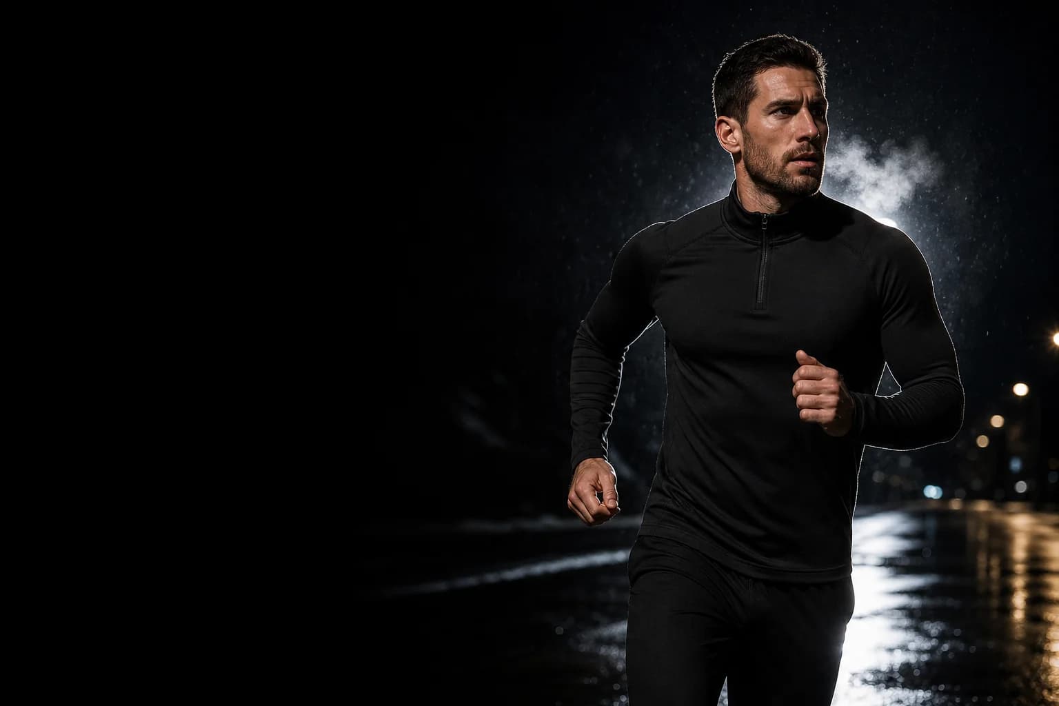 Athlete running through a winter night in the Thermal Quarter-Zip Compression Top